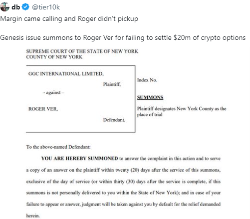 Bitcoin Billionaire Roger Ver faces $21 Million lawsuit from Genesis