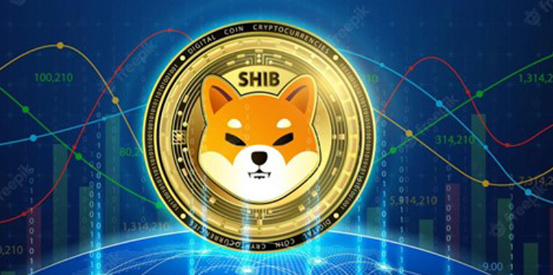 A Shiba Inu dog sitting on a pile of coins, representing the popular cryptocurrency