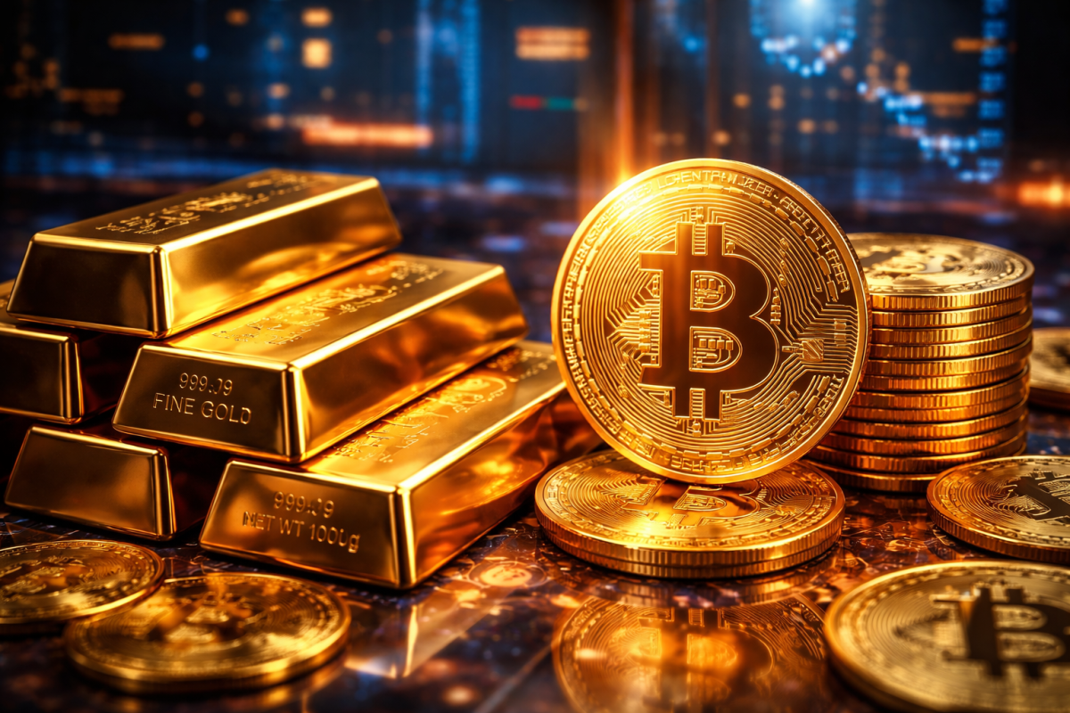 gold bars and bitcoins